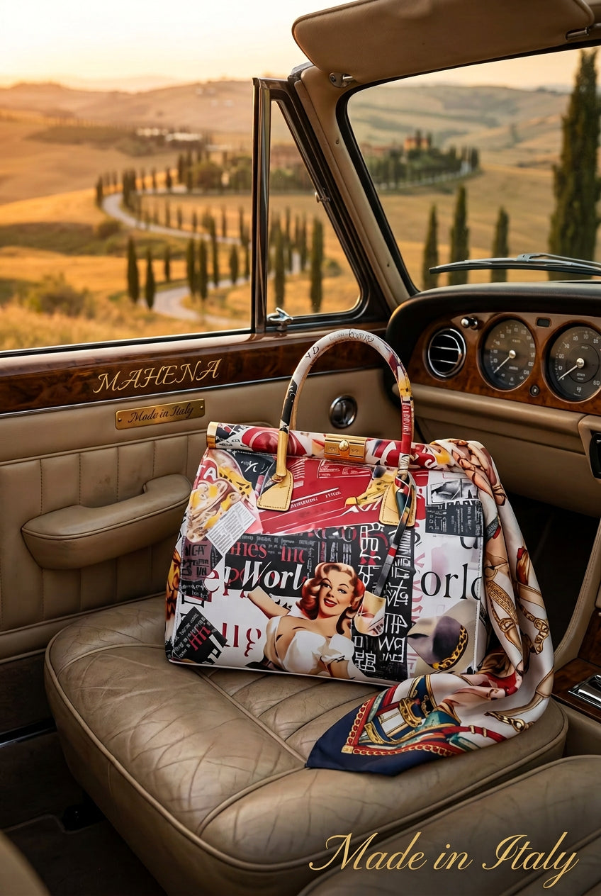 Mahena "Vintage Journal" — Handgefertigte Pop-Art-Tasche aus echtem Leder