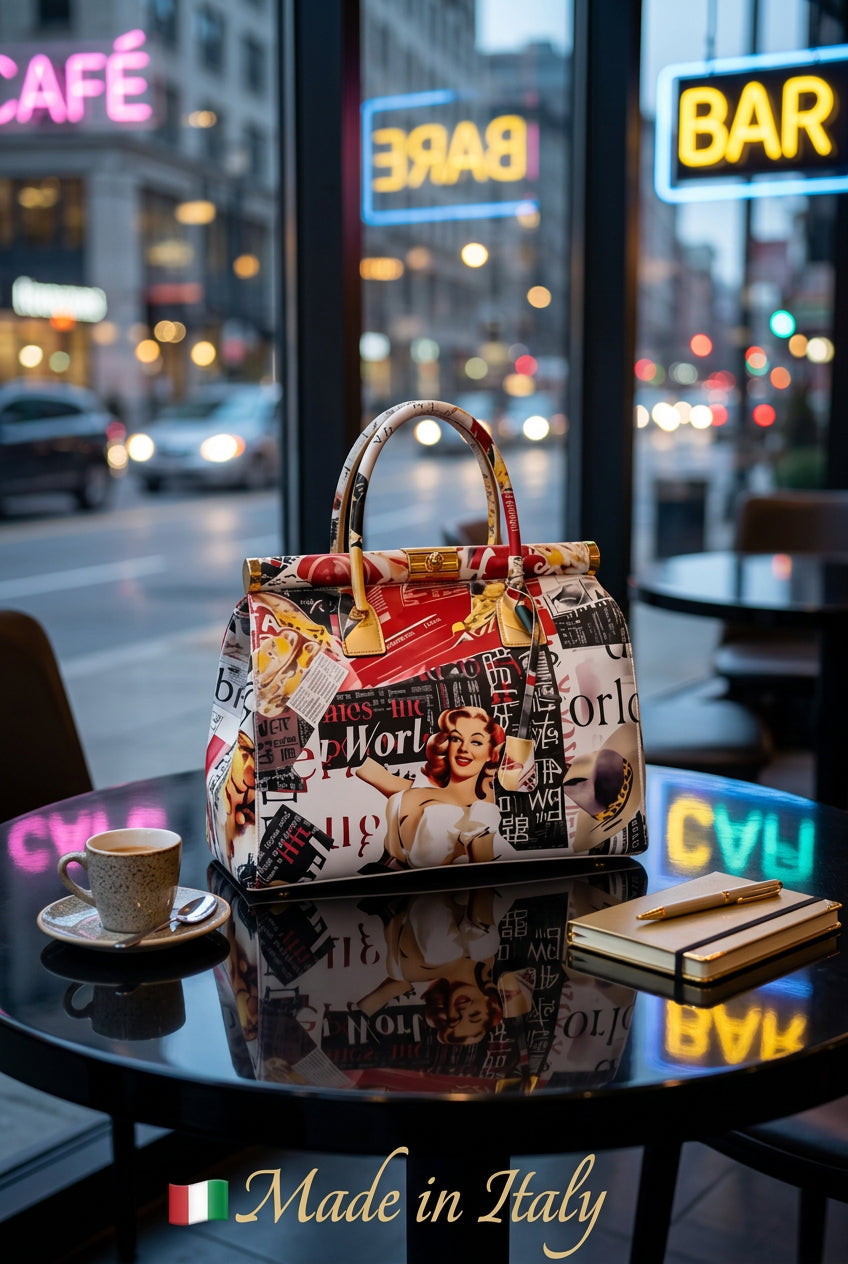 Mahena "Vintage Journal" — Handgefertigte Pop-Art-Tasche aus echtem Leder