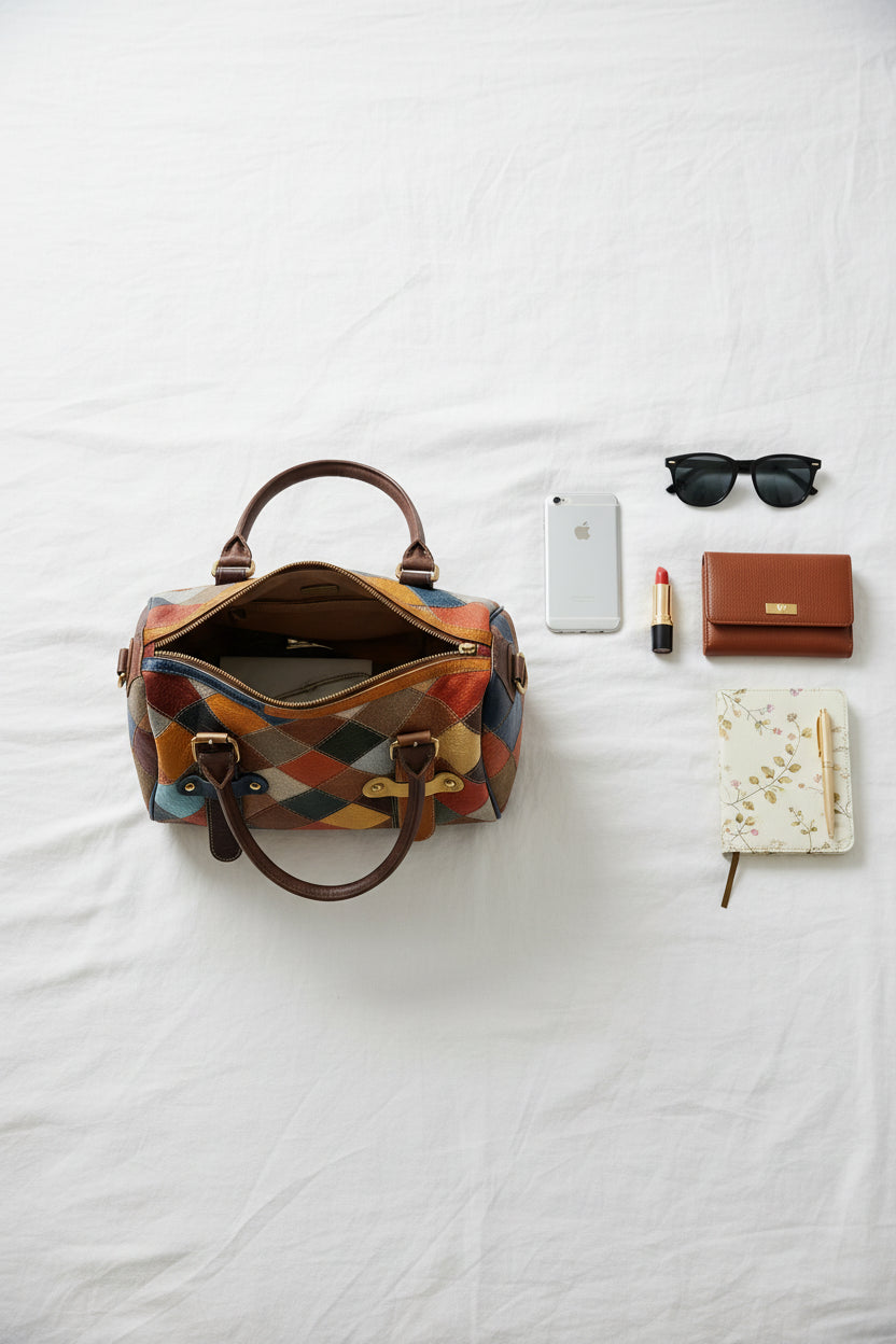 Sac patchwork artistique MAHENA multicolore - 100% Cuir véritable Unique en Précommande expéditions expédition à partir du 30 mai
