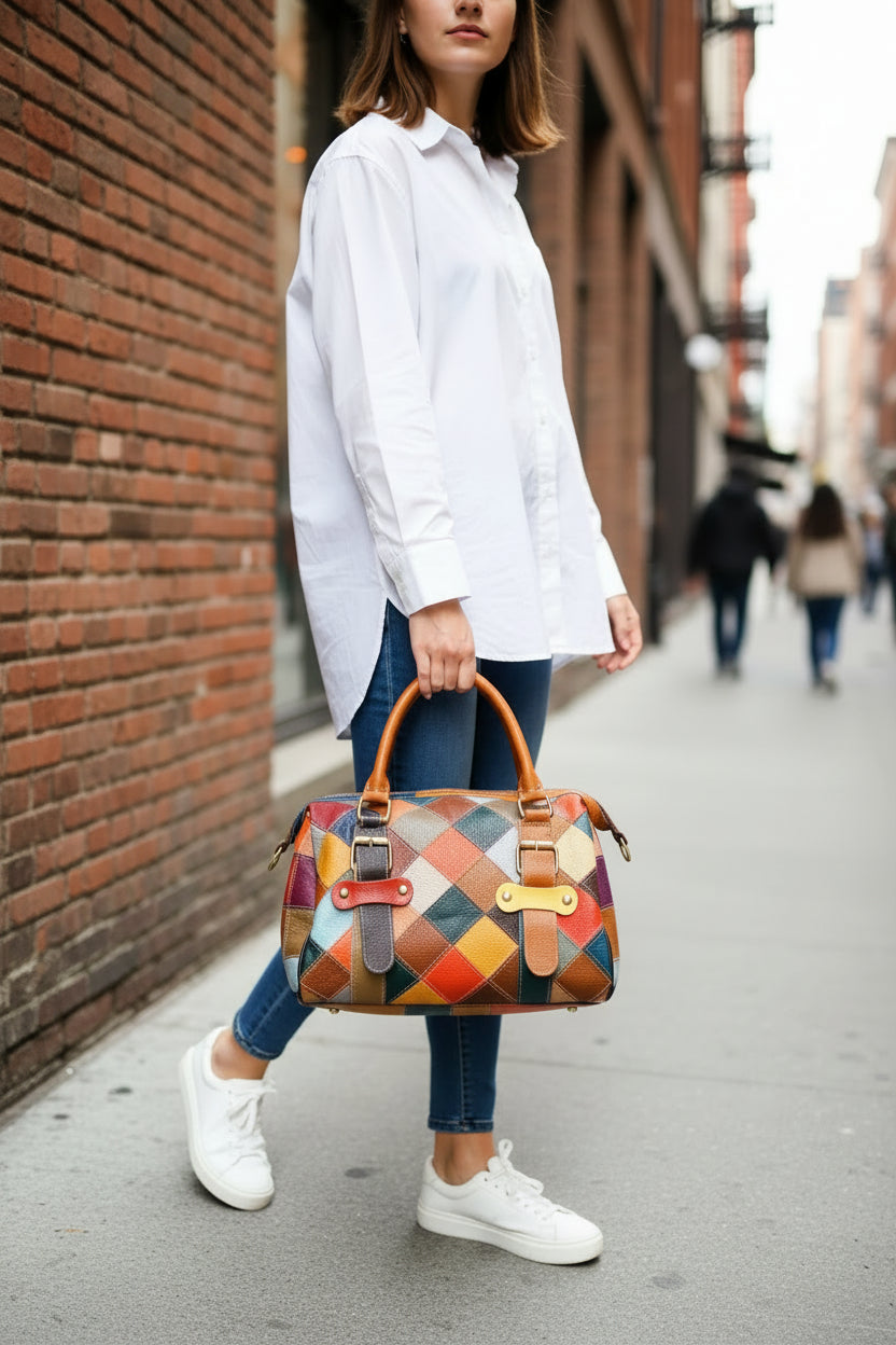 Sac patchwork artistique MAHENA multicolore - 100% Cuir véritable Unique en Précommande expéditions expédition à partir du 30 mai