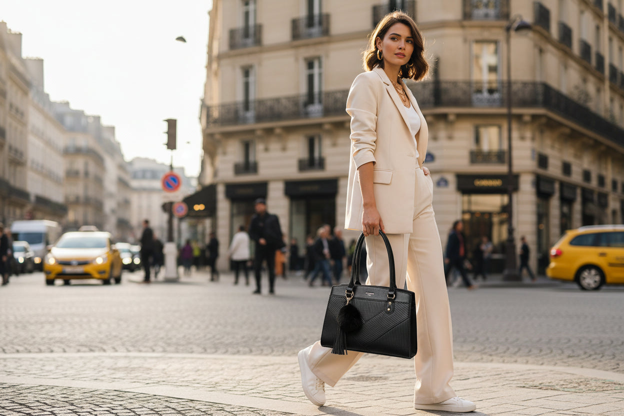 BORSA DONNA PAMY DISEGNO FRANCESE con Pompon in Ecopelliccia
