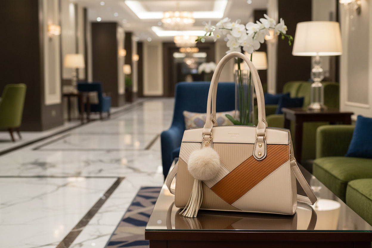 BORSA DONNA PAMY DISEGNO FRANCESE con Pompon in Ecopelliccia