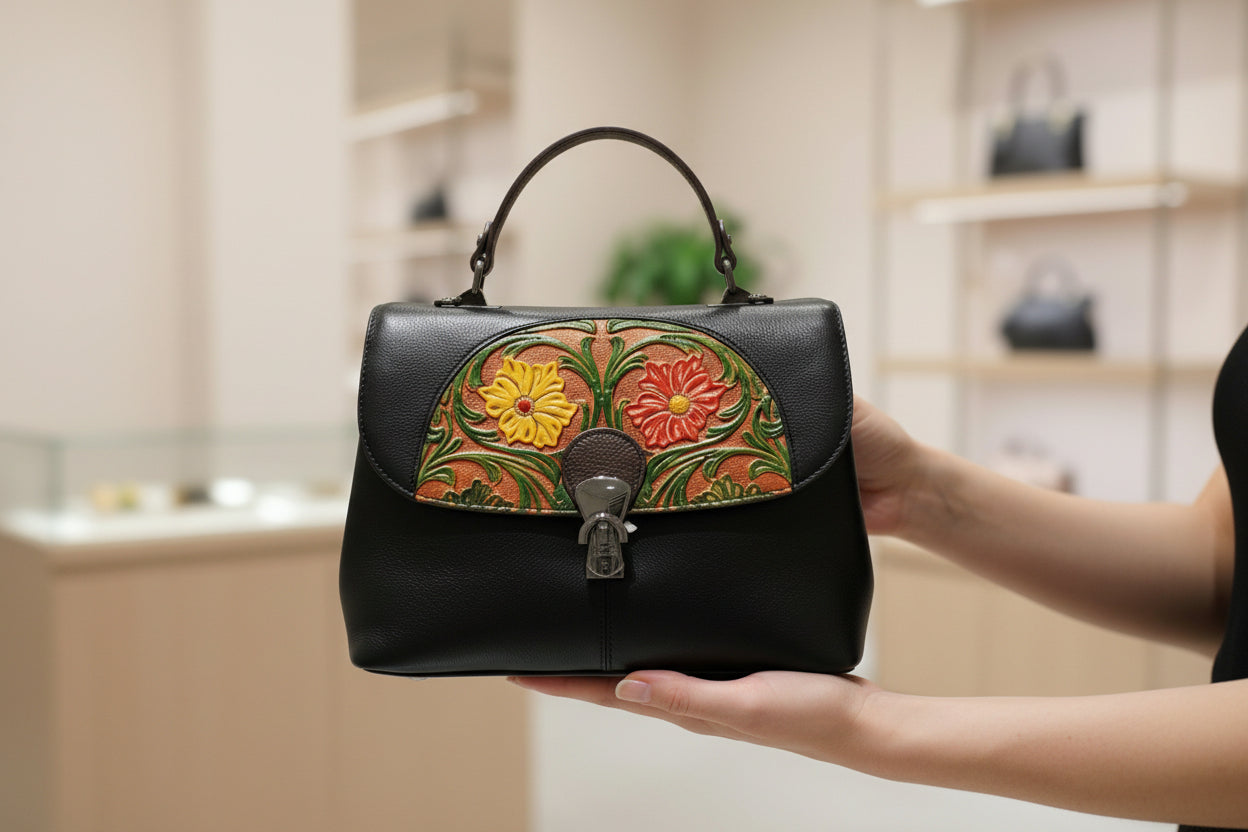 Retro handbag with colorful hand print SISSY LIMITED EDITION model Black