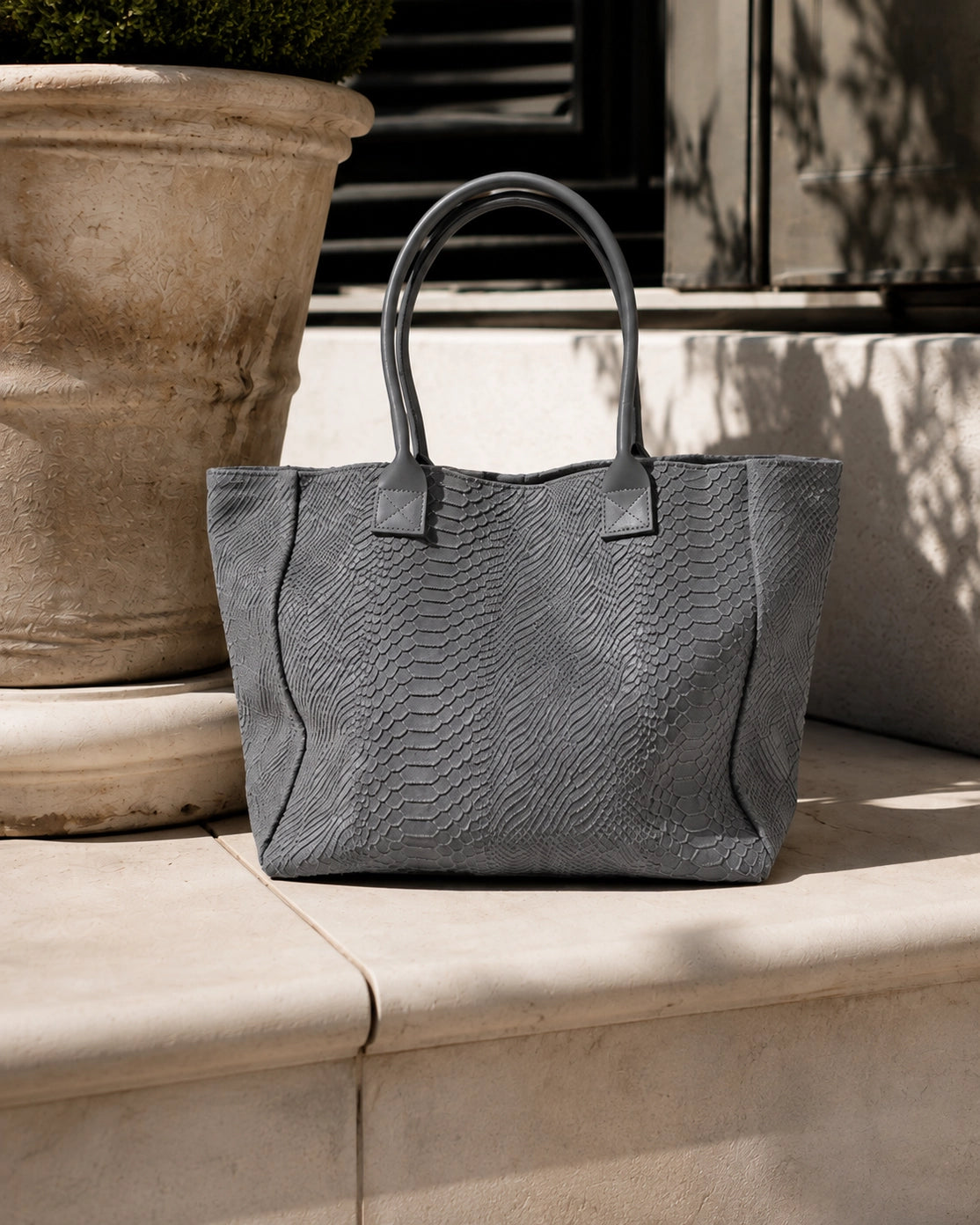 MAHENA "Venere" Dark Grey Python-Effect Tote Bag — 100% Genuine Leather