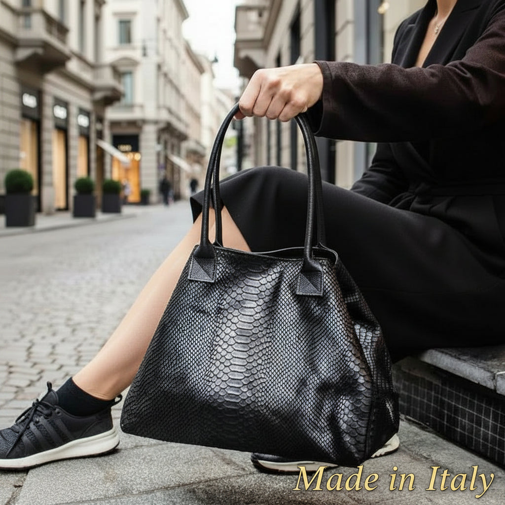 Tote Bag "Venere" MAHENA Effetto Pitone NERO – 100% Vera Pelle
