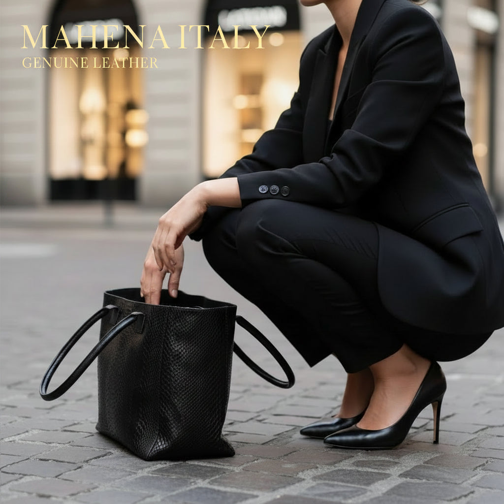 Tote Bag "Venere" MAHENA Effetto Pitone NERO – 100% Vera Pelle